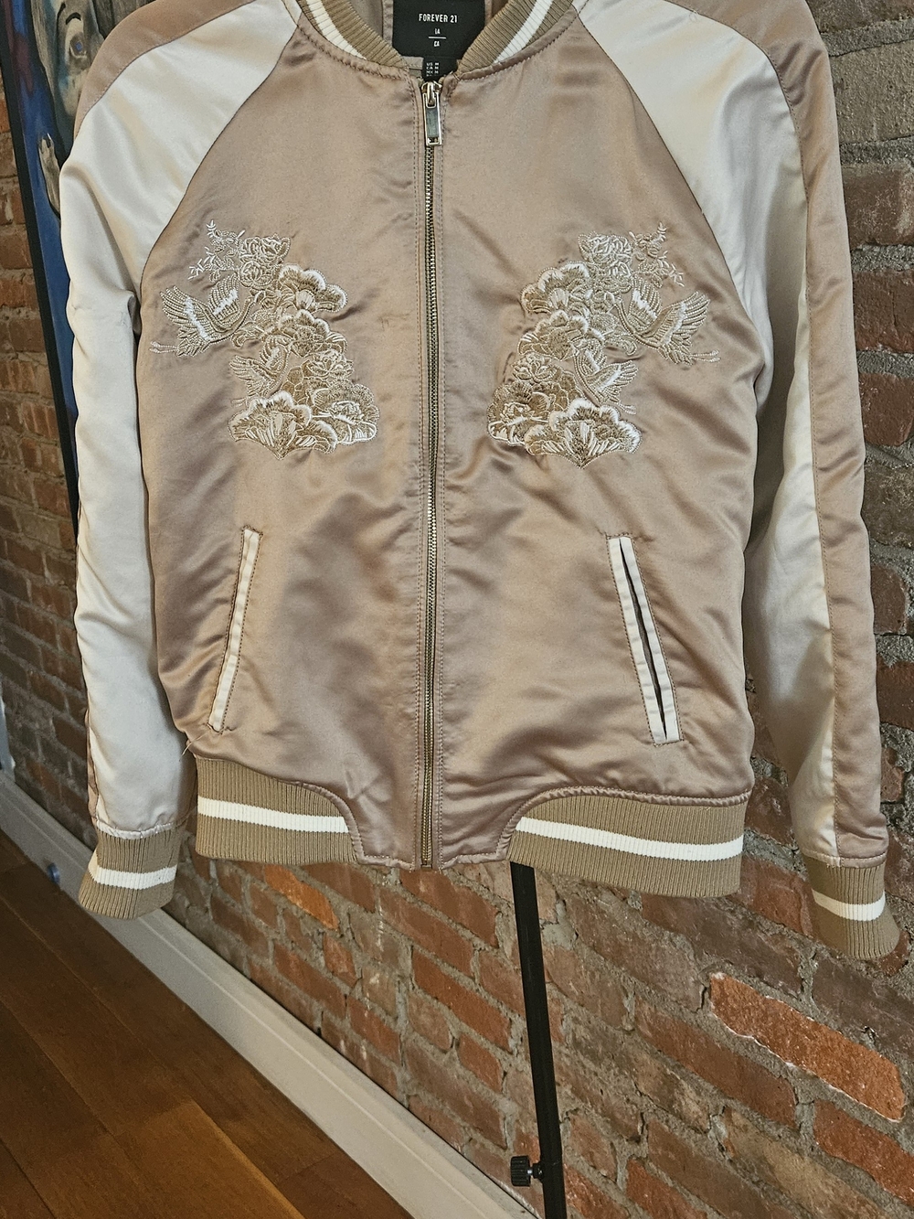 Forever 21 Gold Satin Baseball Jacket With Cream Embroidery & 2 Pockets